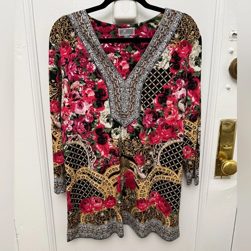 JM Collection Floral V Neck Tunic Blouse XL - Picture 2 of 11